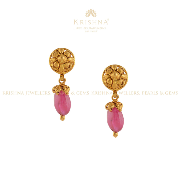 Ruby Beads Earrings in Gold - Krishna Jewellers Pearls and Gems