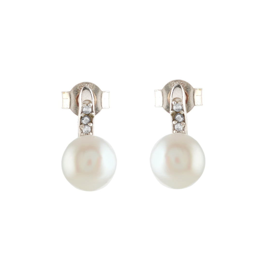 Fresh Water Button Pearl & CZ Stones Silver Earrings - Krishna Jewellers Pearls and Gems