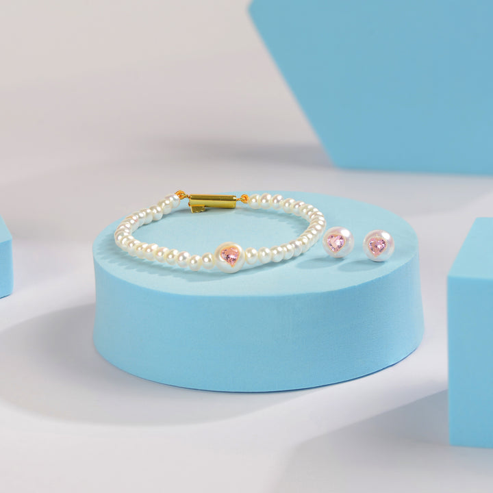 PEARL AMOUR Pink Heart Shaped SemiPrecious Stones & Freshwater pearl Bracelet & Stud Earrings Combo