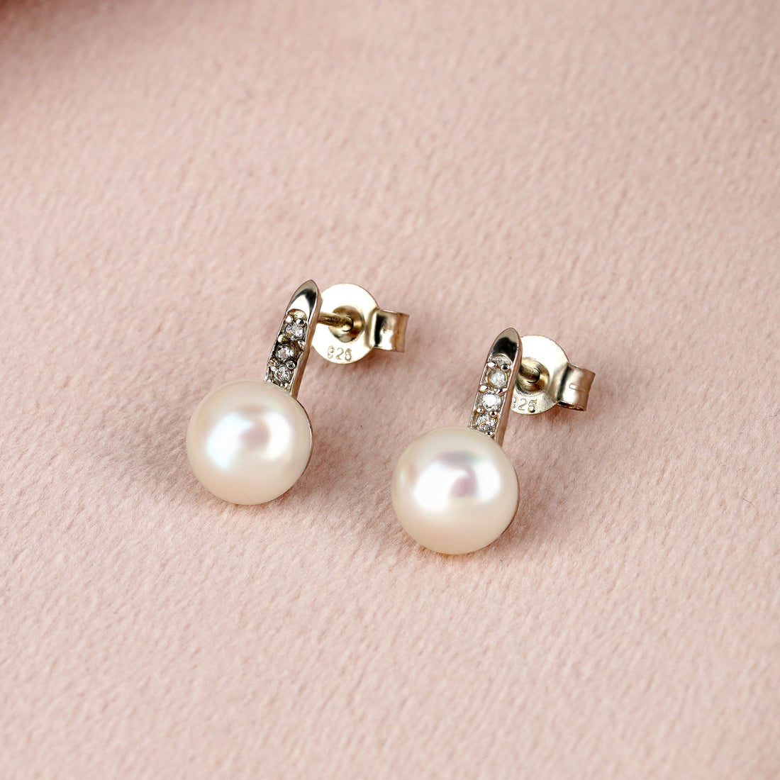 Fresh Water Button Pearl & CZ Stones Silver Earrings - Krishna Jewellers Pearls and Gems