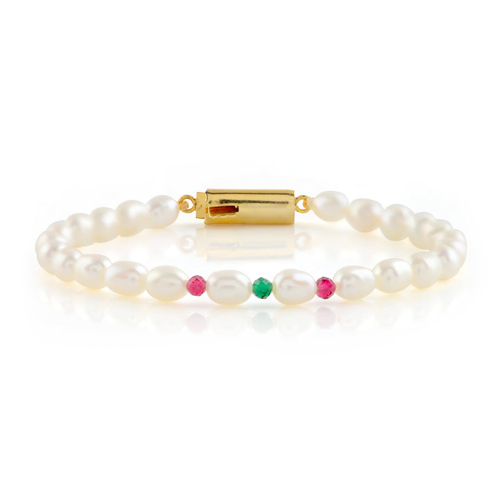 Colorful Gemstone Bracelet with One Strand of Freshwater Rice Pearls - Krishna Jewellers Pearls and Gems
