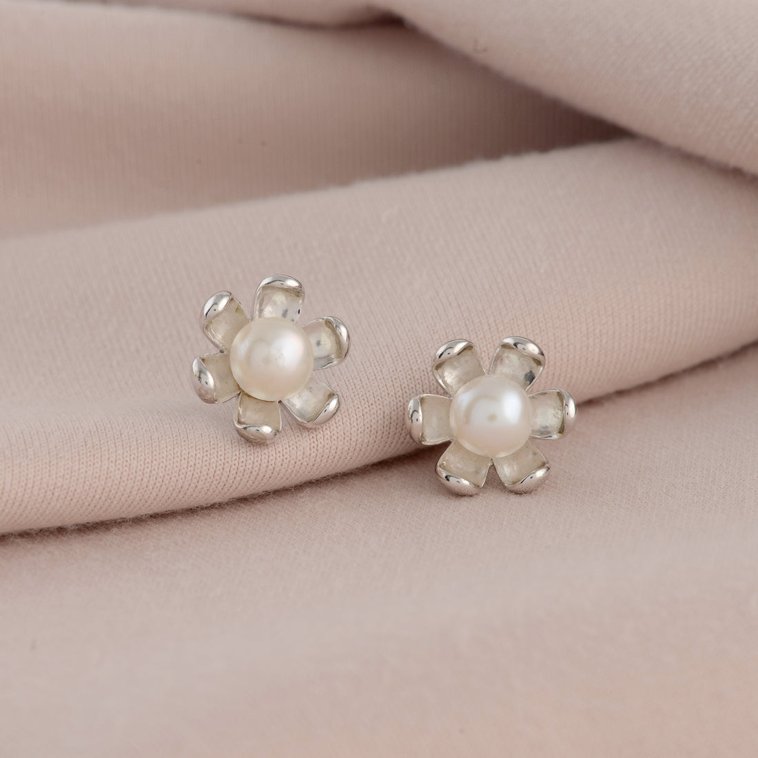 Stunning Silver Floral Pearls Studs Earrings - Krishna Jewellers Pearls and Gems
