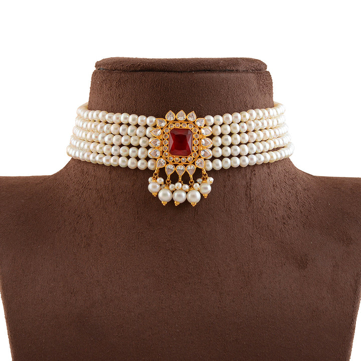 Gold Pearl With Ruby Choker Necklace - Krishna Jewellers Pearls and Gems