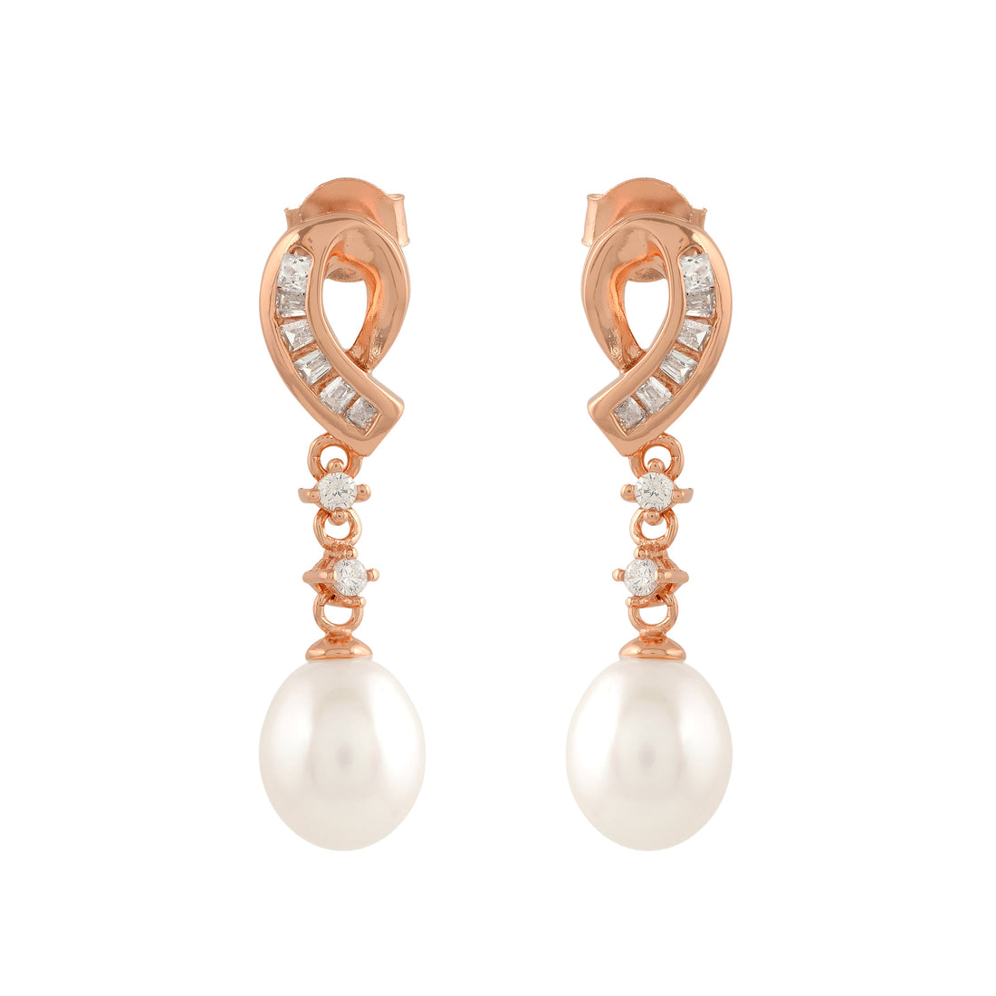 rose gold s-shaped stud with freshwater pearl