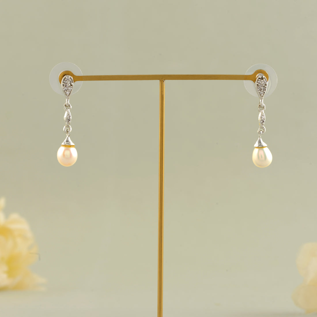 Sparkling CZ & White Freshwater Pearl Drop Earrings