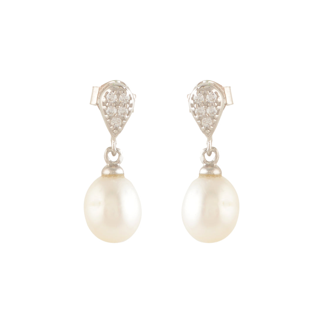 White Pearl Drop Earrings with Shiny Stones
