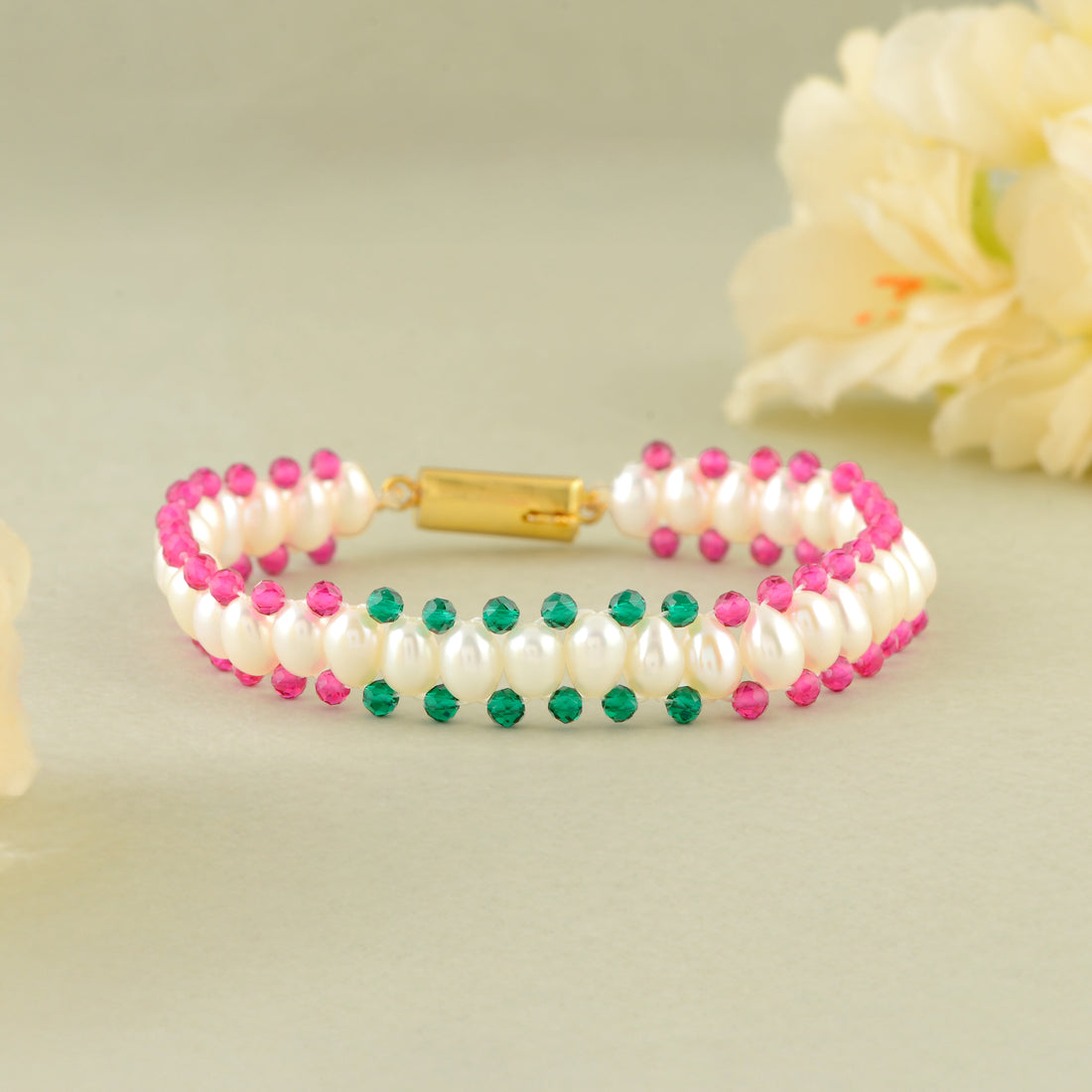 Triple Layer Pearl Bracelet with Pink & Green Accents - Gold Clip