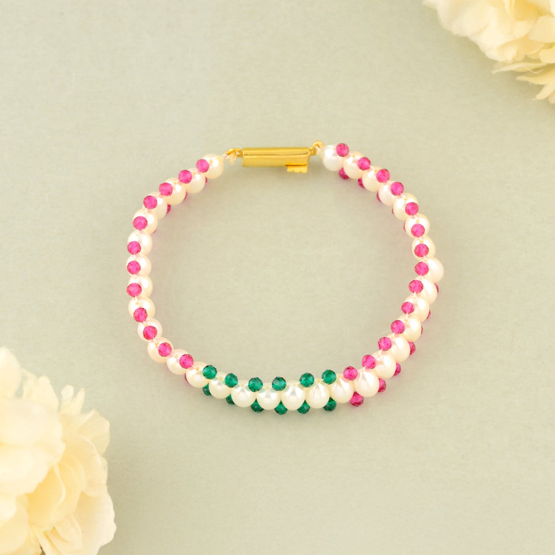 Triple Layer Pearl Bracelet with Pink & Green Accents - Gold Clip