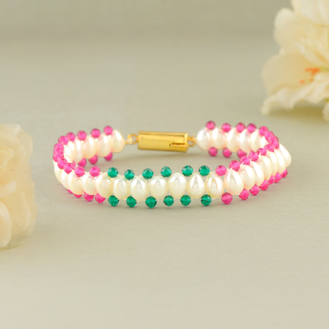 Triple Layer Pearl Bracelet with Pink & Green Accents - Gold Clip