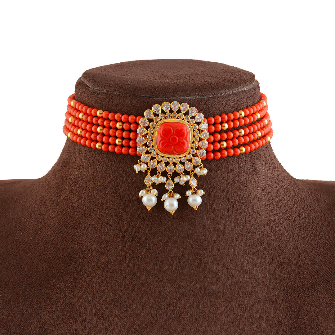 Red Coral Gold Choker Necklace With Pearls - Krishna Jewellers Pearls and Gems