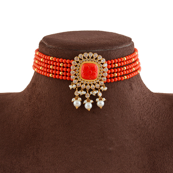 Red Coral Gold Choker Necklace With Pearls - Krishna Jewellers Pearls and Gems