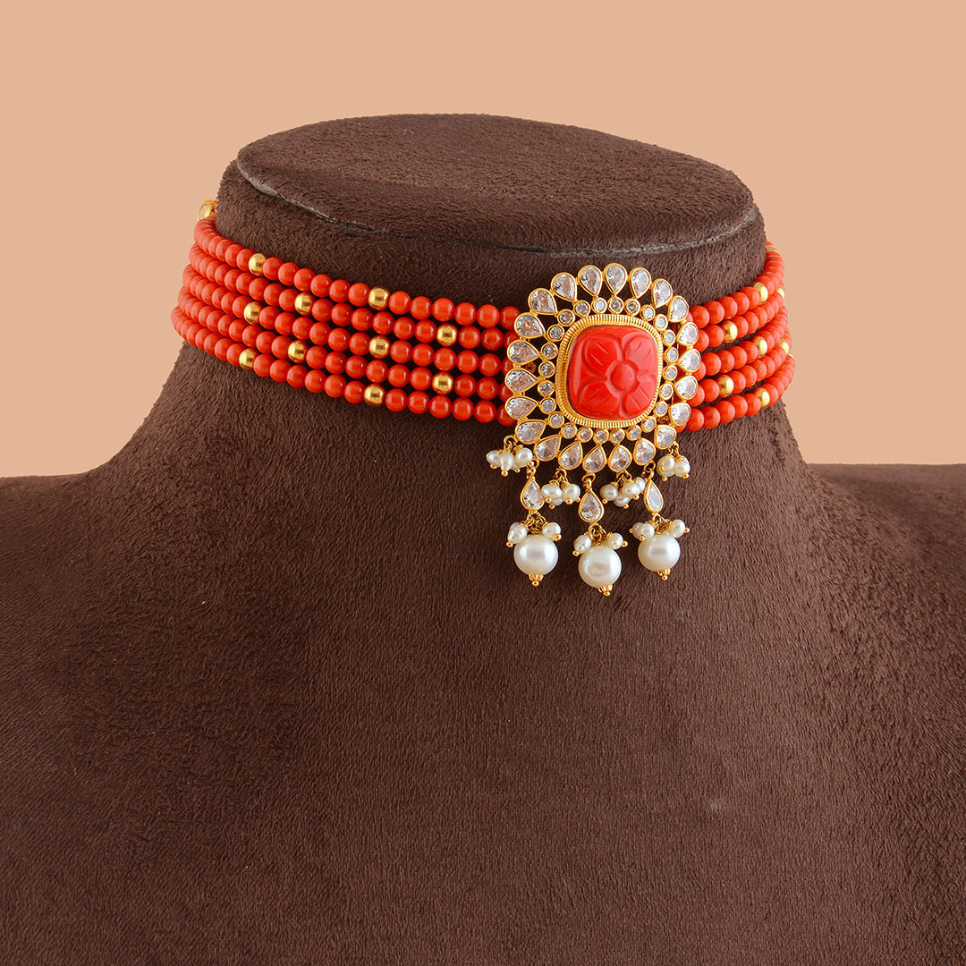 Red Coral Gold Choker Necklace With Pearls - Krishna Jewellers Pearls and Gems