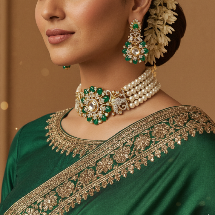 4 Layered Pearl Choker and Earrings with Emerald Stones and CZ's