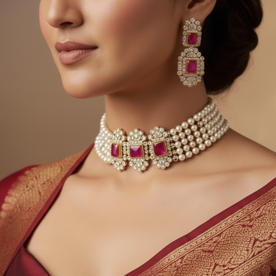 Exquisite button pearl and Pink stone choker set