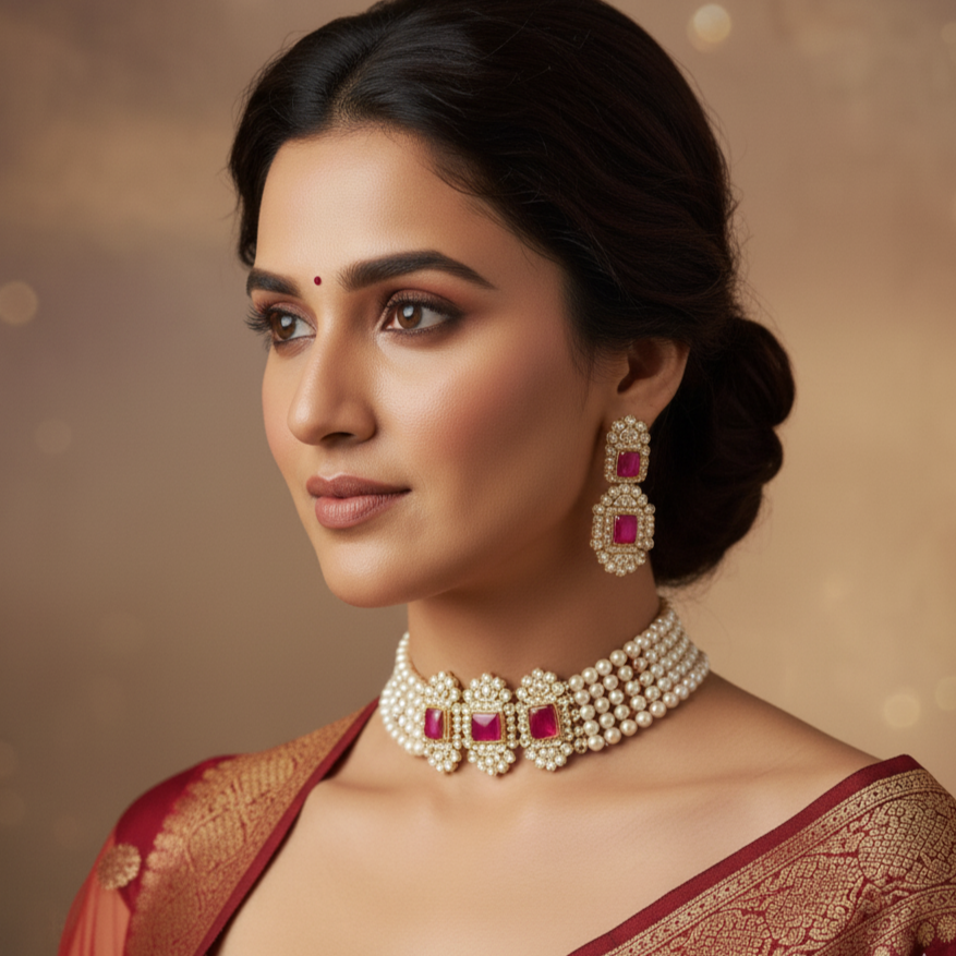 Exquisite button pearl and Pink stone choker set