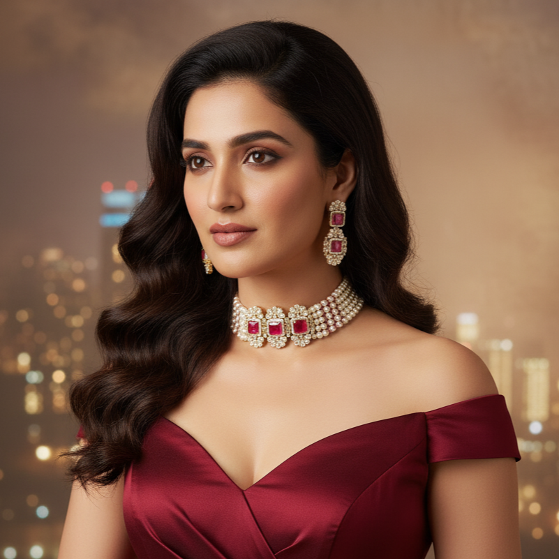 Exquisite button pearl and Pink stone choker set