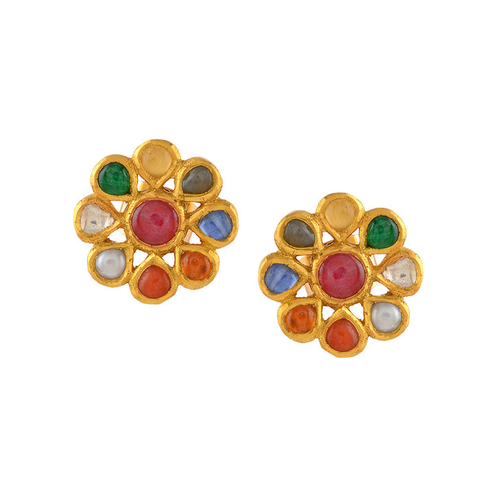 Navaratna Gold Pearl Stud - Krishna Jewellers Pearls and Gems