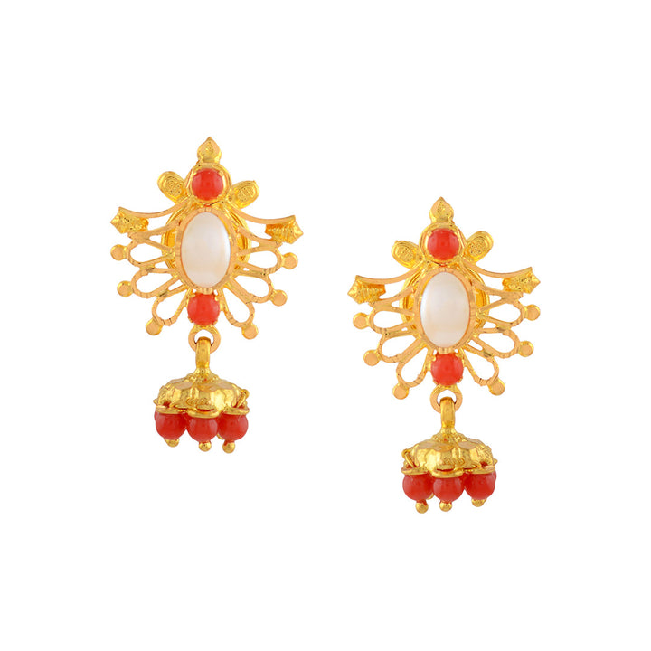 Coral and Pearl Gold Earrings in Butterfly Motif - Krishna Jewellers Pearls and Gems