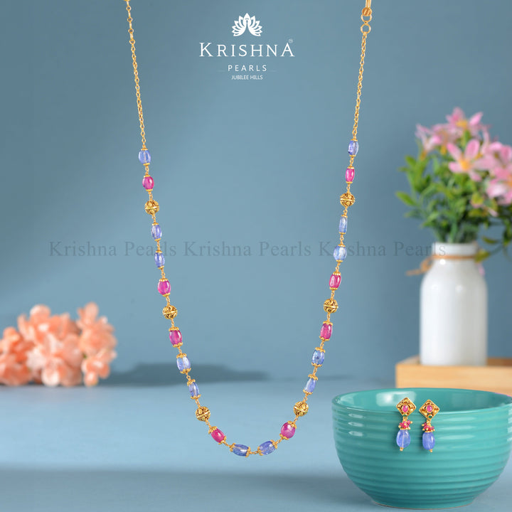 Exquisite 22k Gold Ruby and Tanzanite Stone Necklace with Earrings - Krishna Jewellers Pearls and Gems