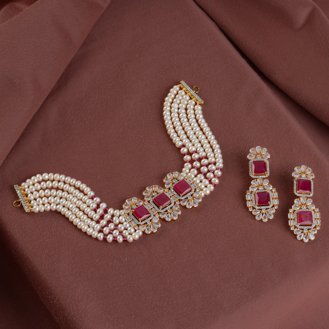 Exquisite button pearl and Pink stone choker set - Krishna Jewellers Pearls and Gems