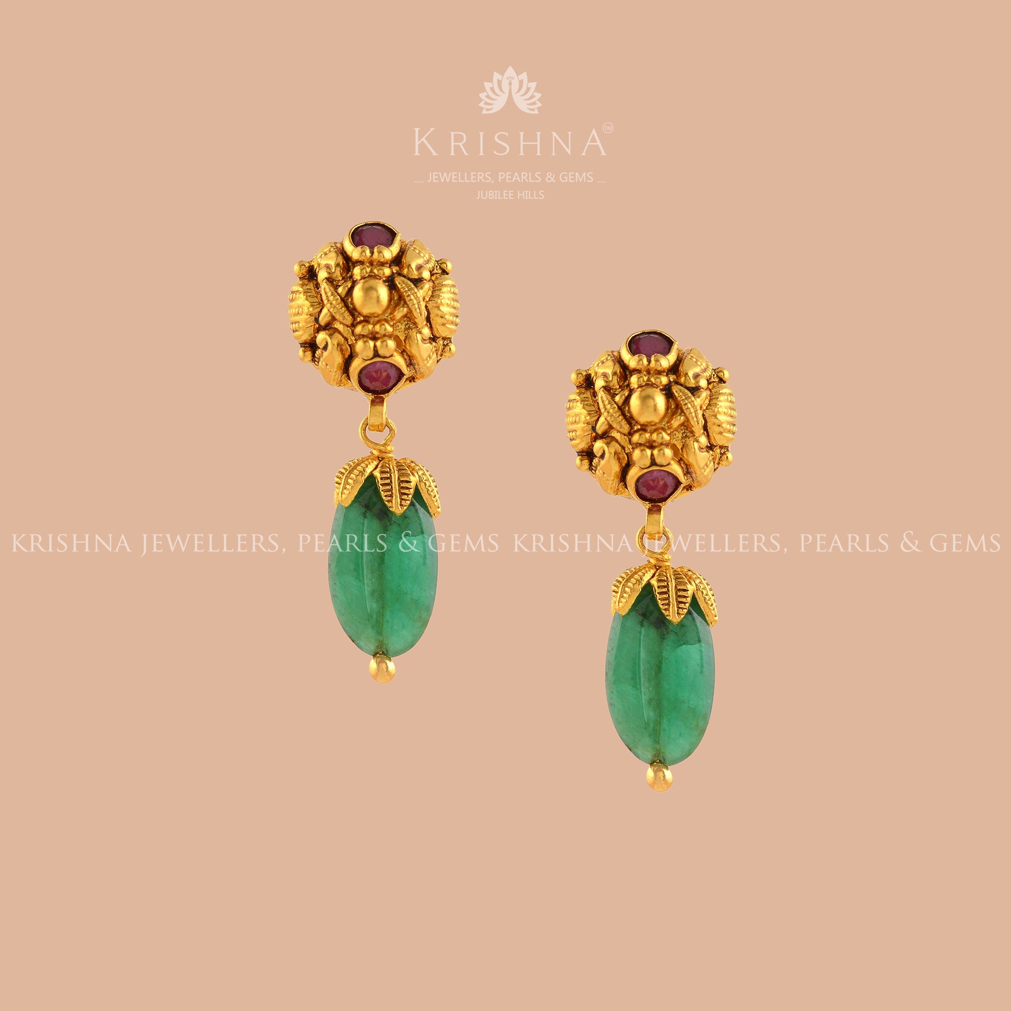 Gold Emerald Beads Earrings - Krishna Jewellers Pearls and Gems