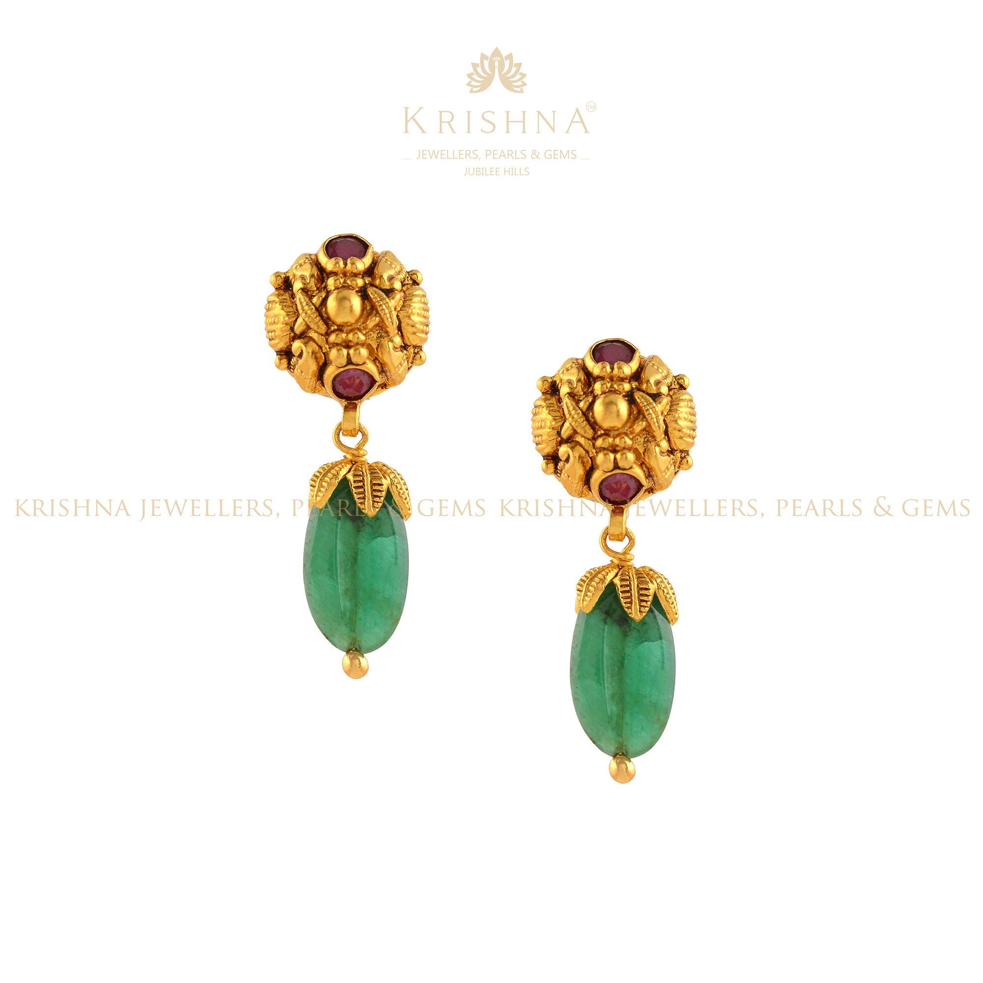 Gold Emerald Beads Earrings - Krishna Jewellers Pearls and Gems