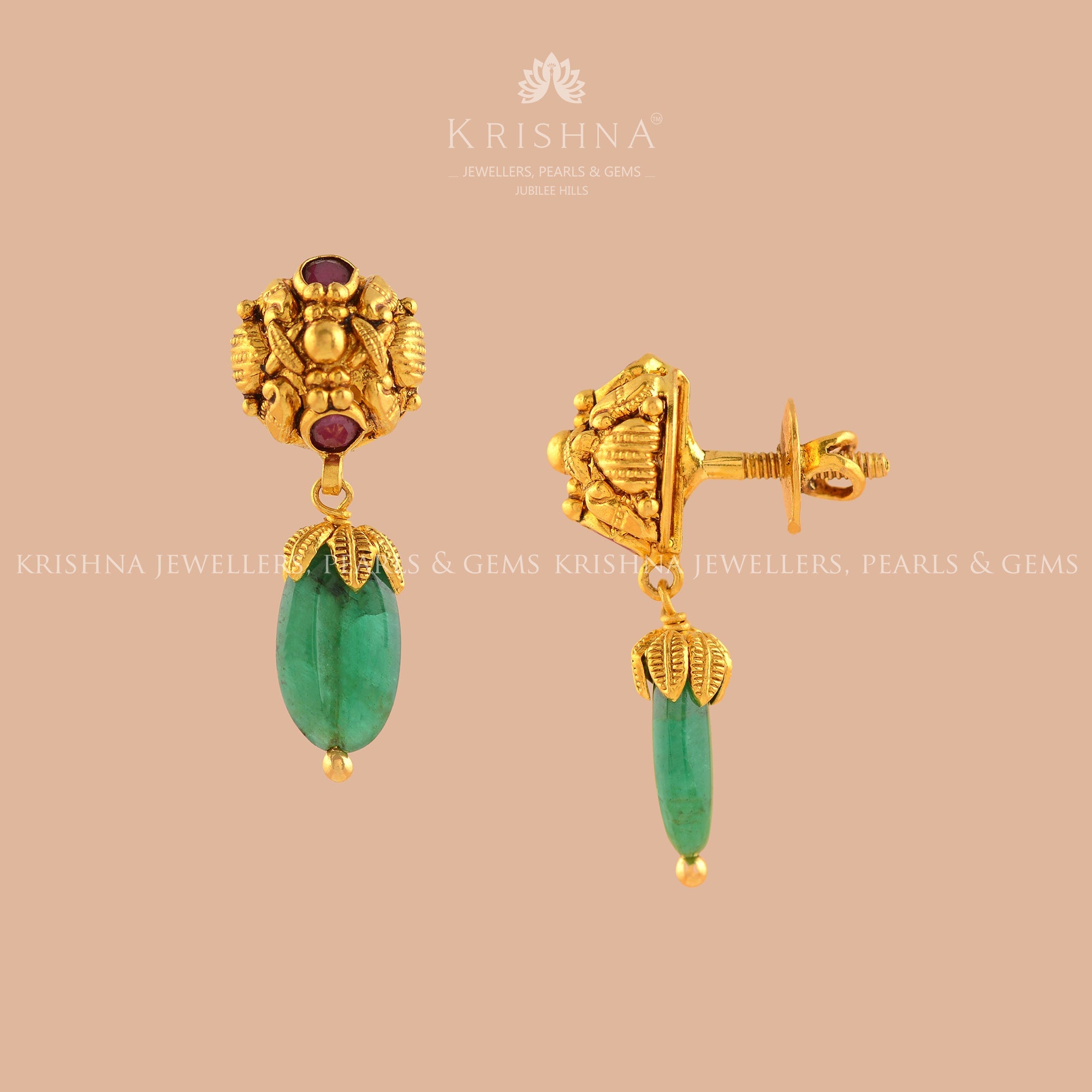 Gold Emerald Beads Earrings - Krishna Jewellers Pearls and Gems