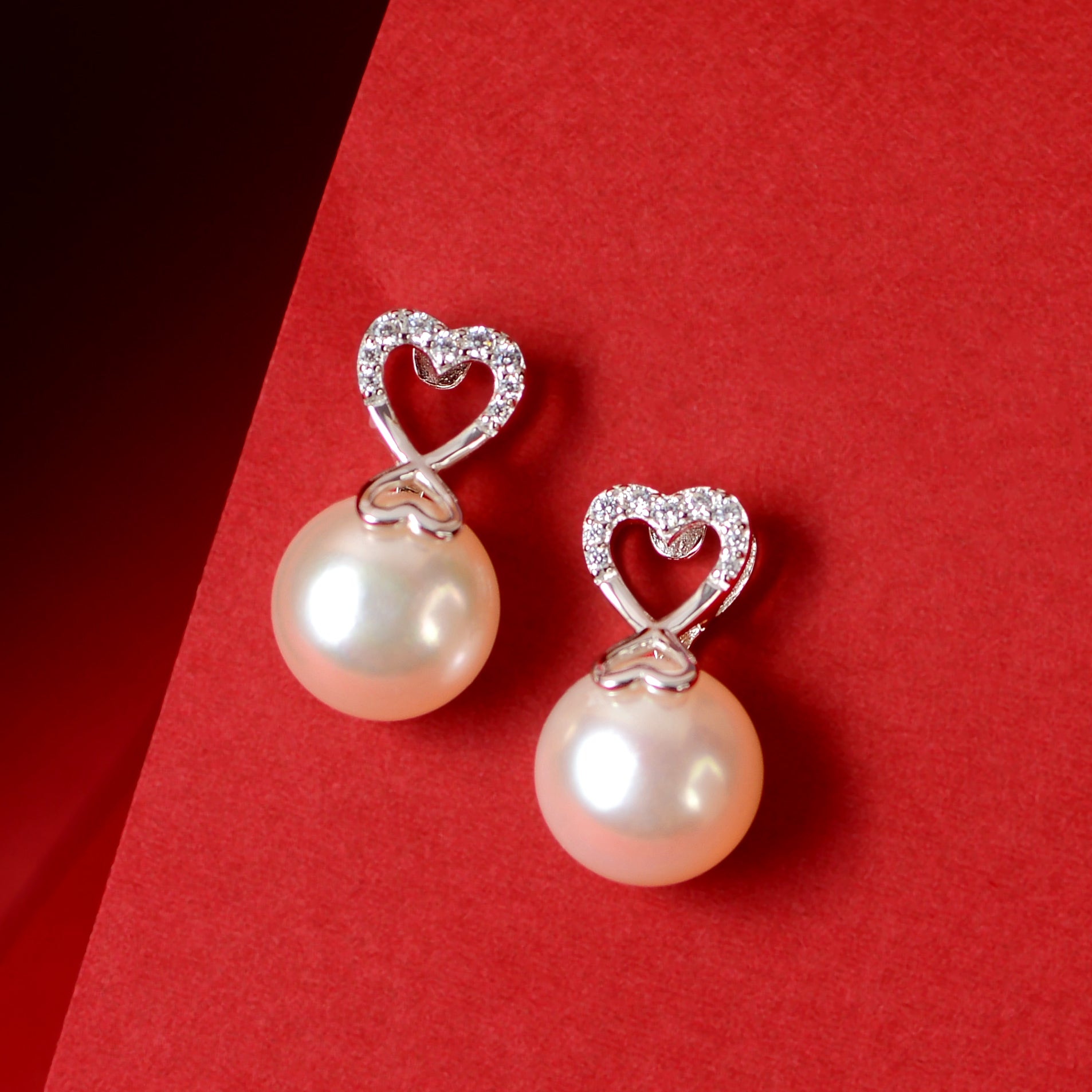 Pearl Everheart ( Heart motif pearl drop earrings with CZ detailing )