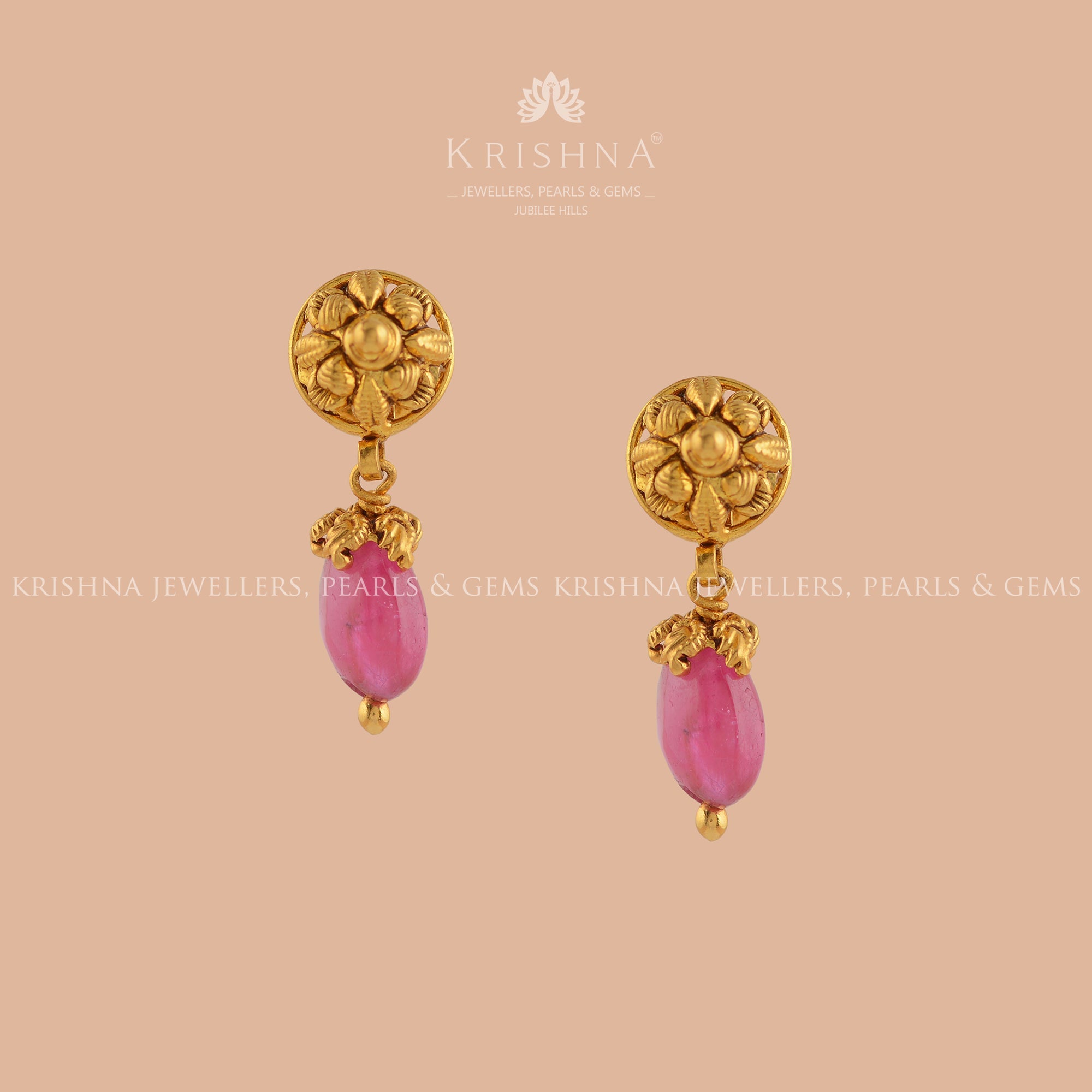 Ruby Beads Earrings in Gold - Krishna Jewellers Pearls and Gems