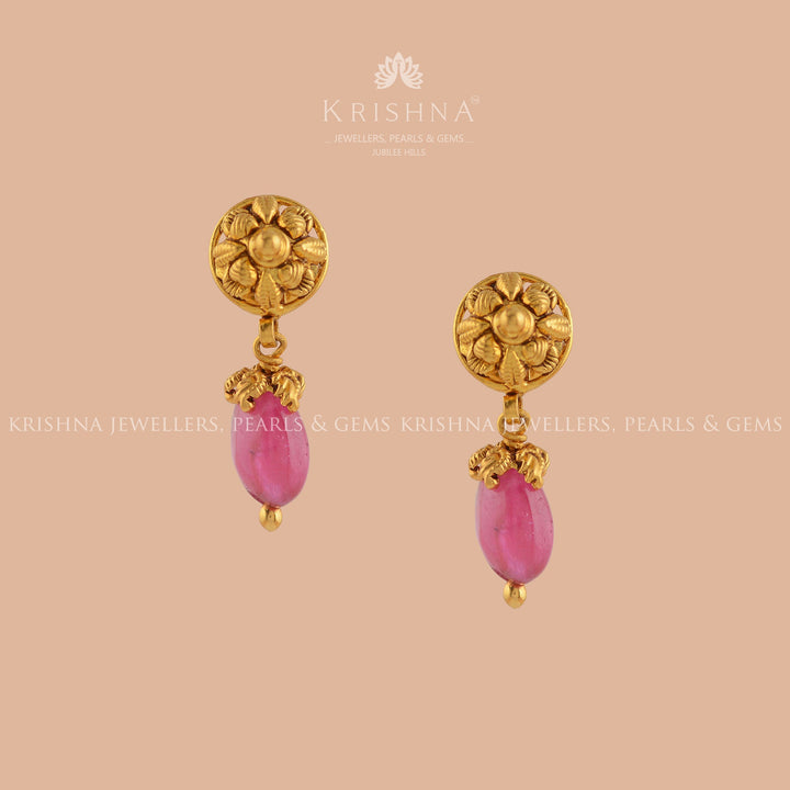 Ruby Beads Earrings in Gold - Krishna Jewellers Pearls and Gems