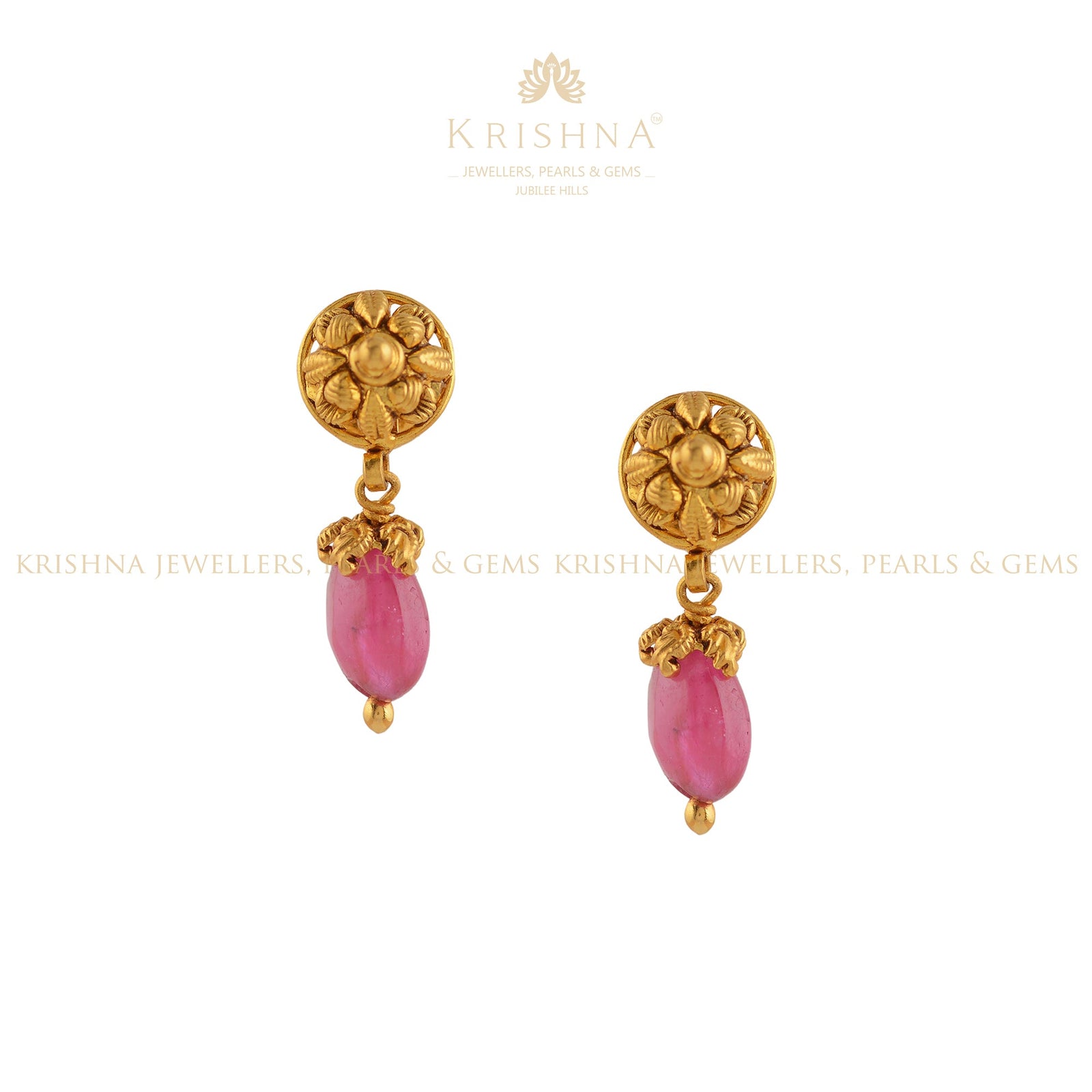 Ruby Beads Earrings in Gold - Krishna Jewellers Pearls and Gems