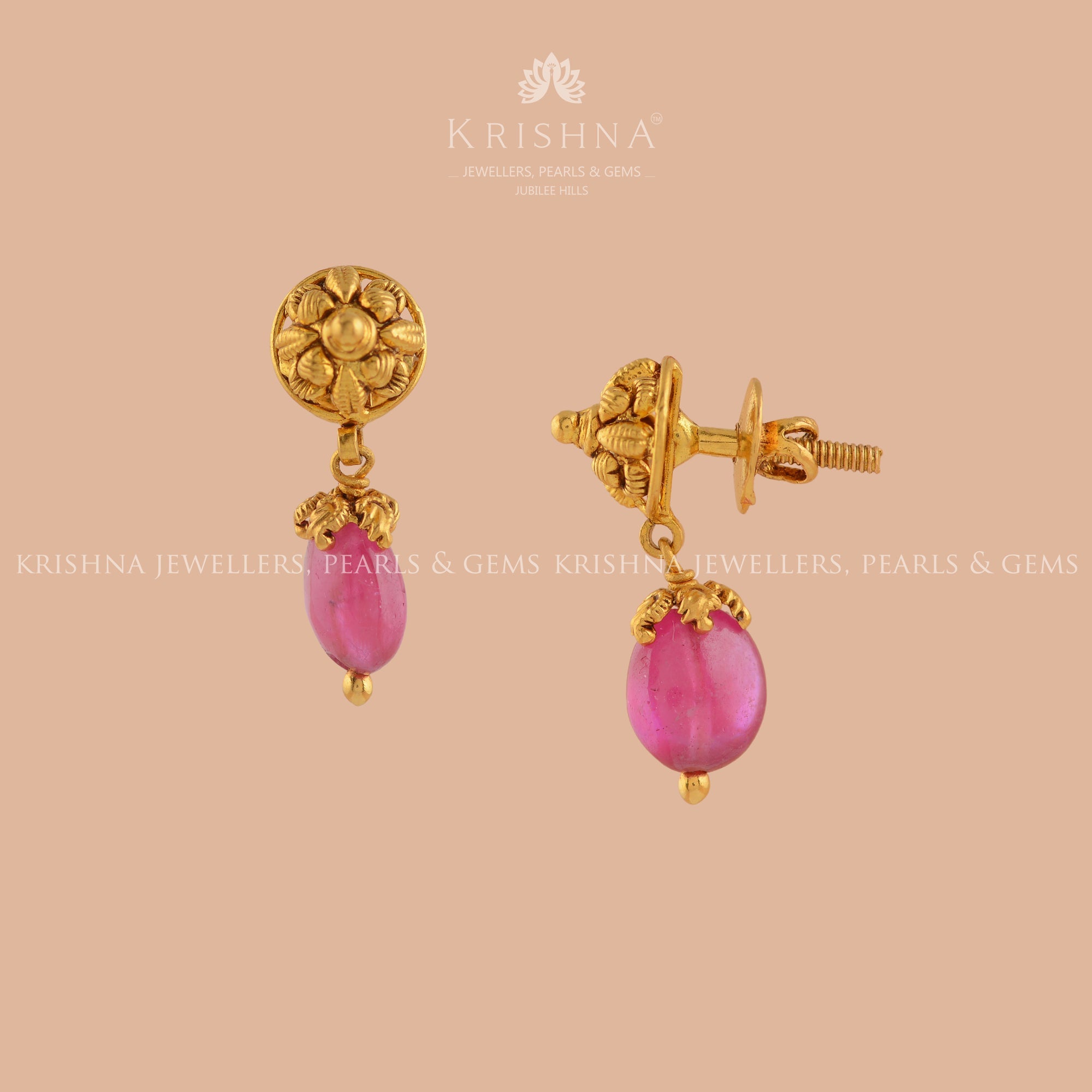 Ruby Beads Earrings in Gold - Krishna Jewellers Pearls and Gems