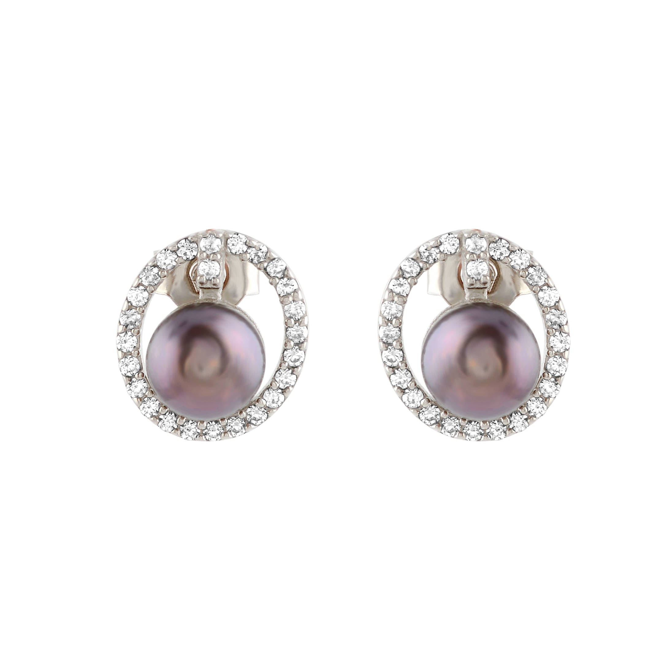 Captivating stud earrings set with a fresh water pearl and CZ stones - Krishna Jewellers Pearls and Gems