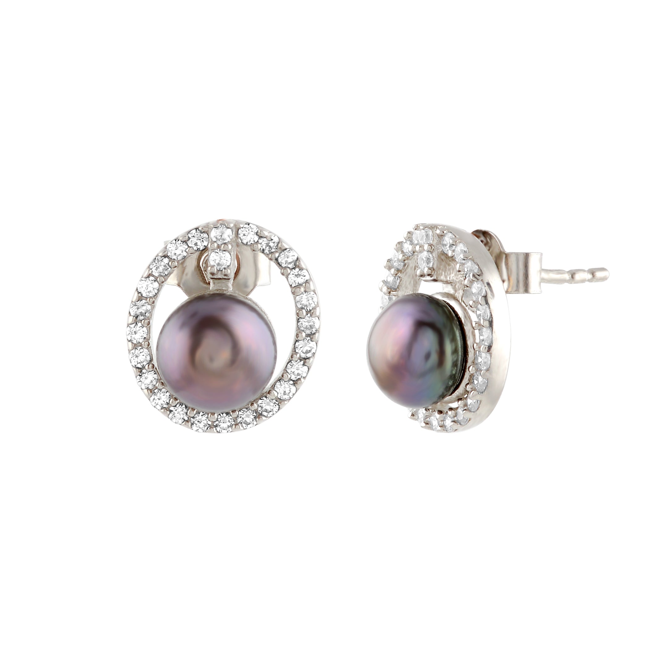 Captivating stud earrings set with a fresh water pearl and CZ stones - Krishna Jewellers Pearls and Gems