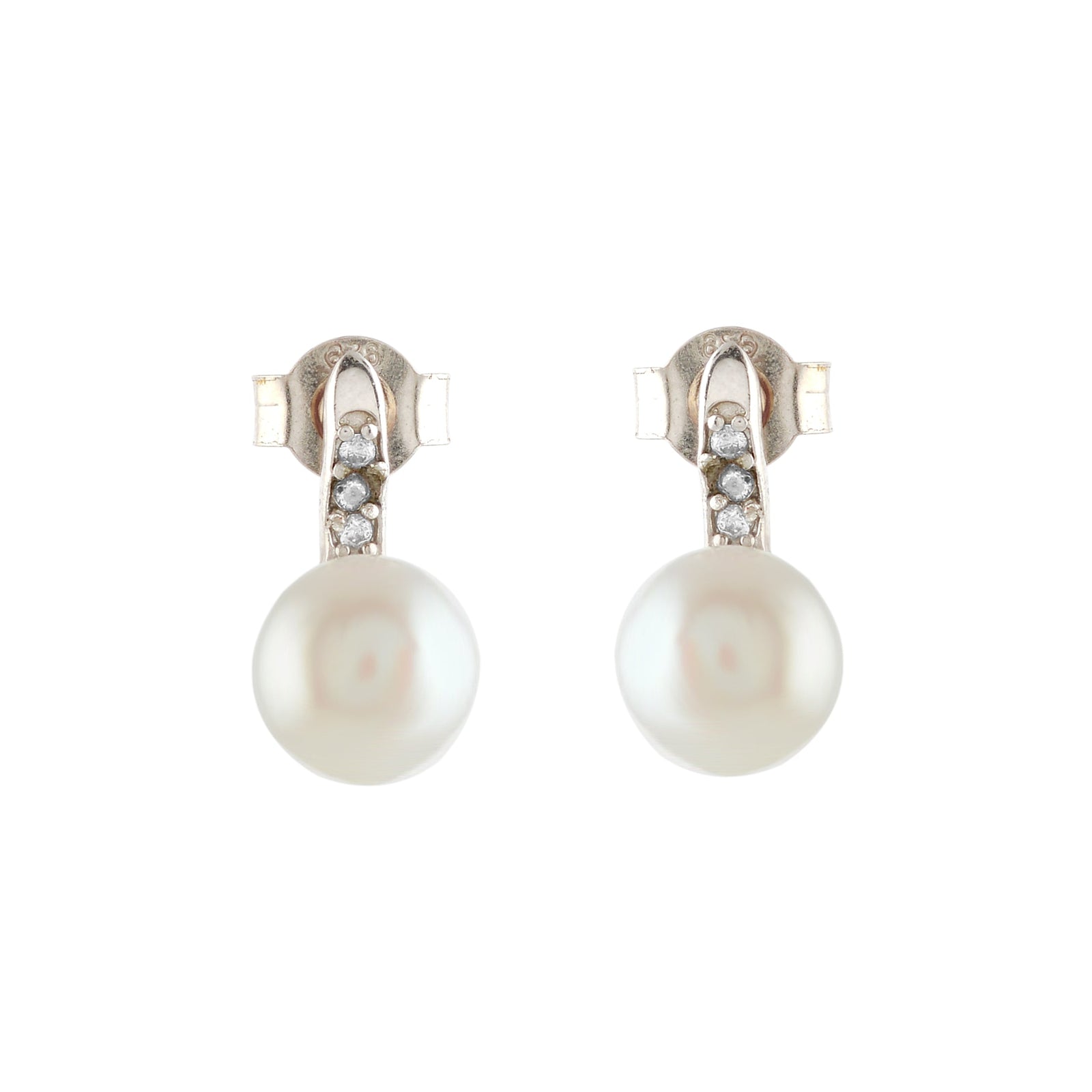 Fresh Water Button Pearl & CZ Stones Silver Earrings - Krishna Jewellers Pearls and Gems