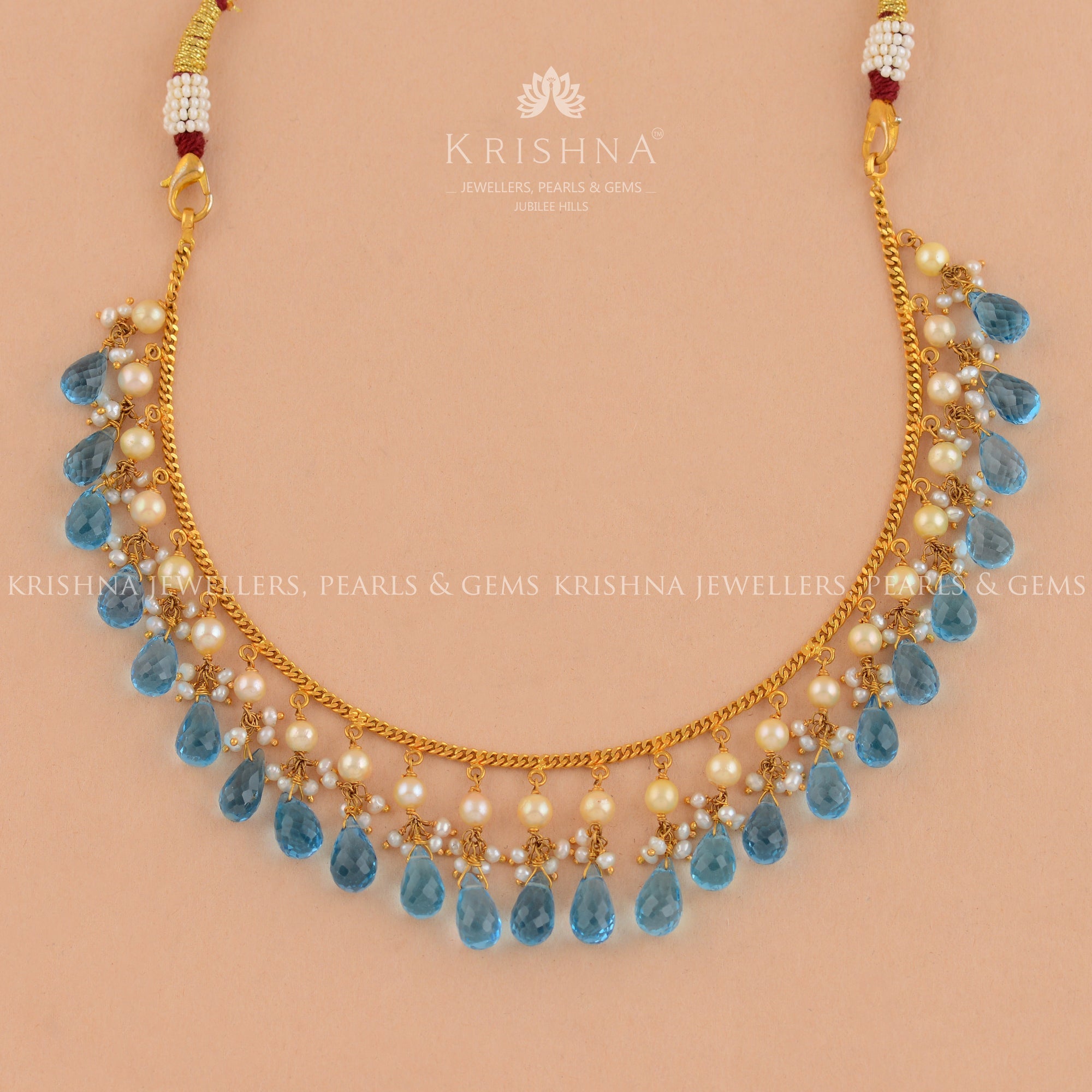 Gold Pearl Necklace With Premium Blue Stones - Krishna Jewellers Pearls and Gems