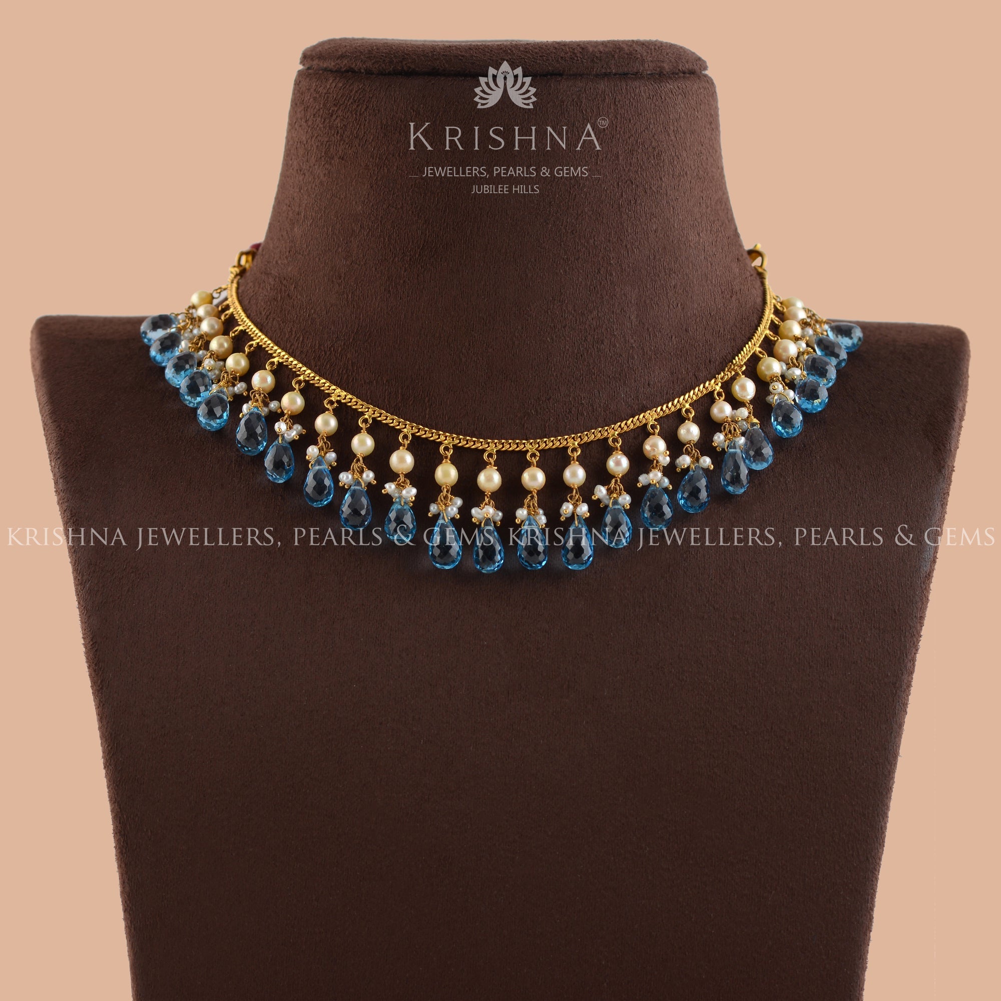 Gold Pearl Necklace With Premium Blue Stones - Krishna Jewellers Pearls and Gems