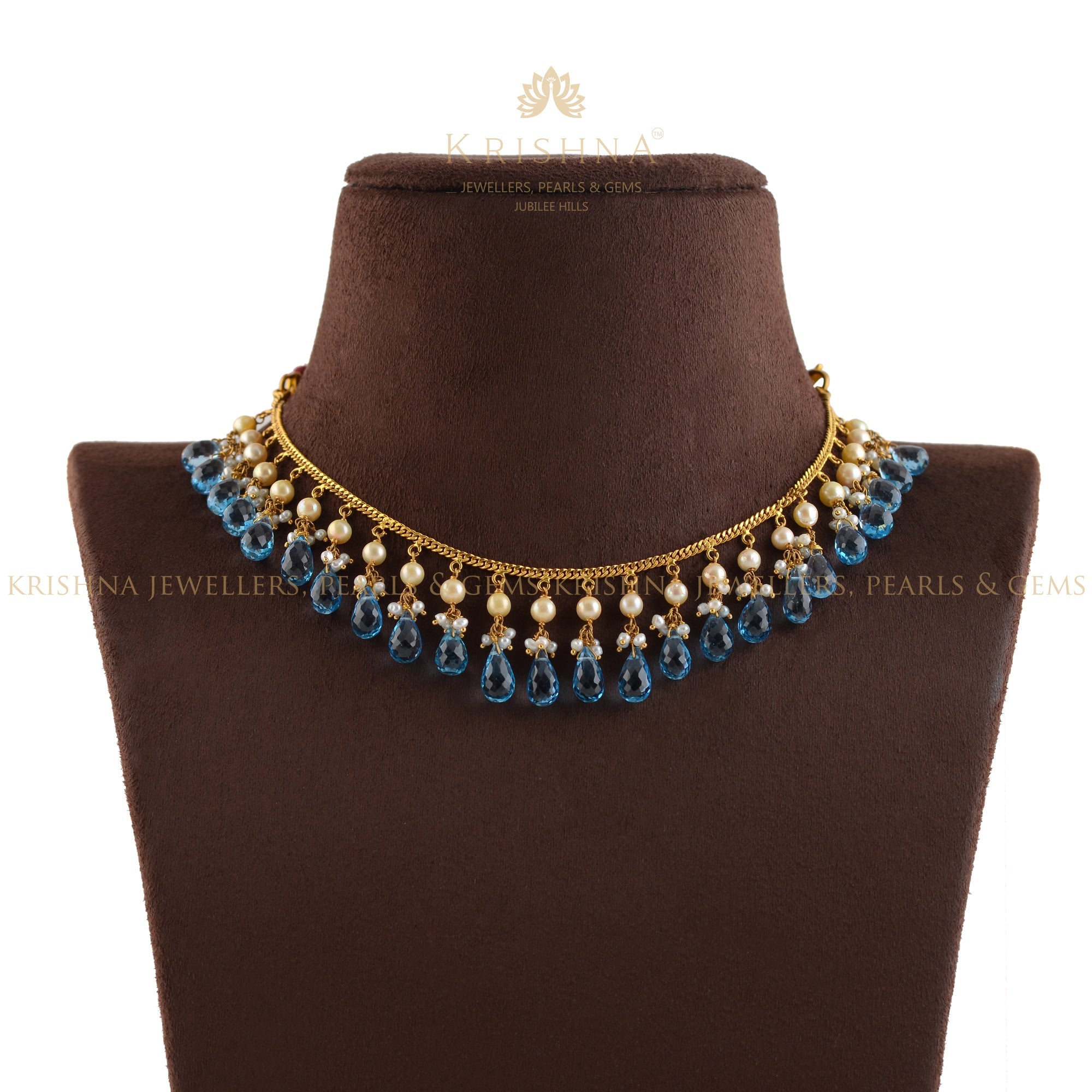 Gold Pearl Necklace With Premium Blue Stones - Krishna Jewellers Pearls and Gems
