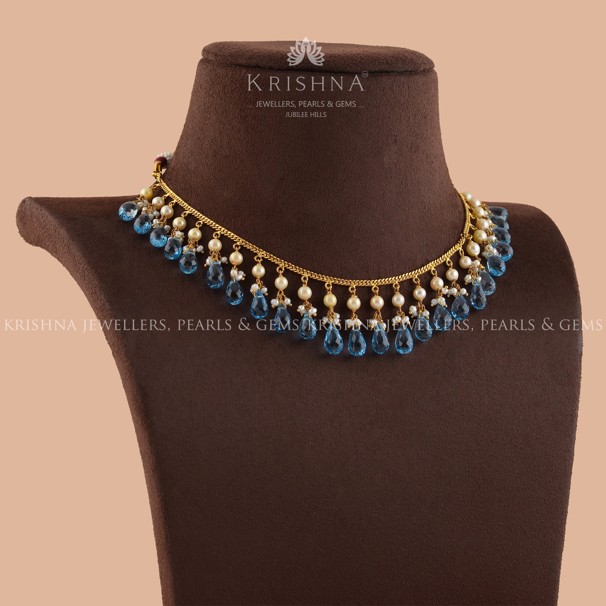 Gold Pearl Necklace With Premium Blue Stones - Krishna Jewellers Pearls and Gems