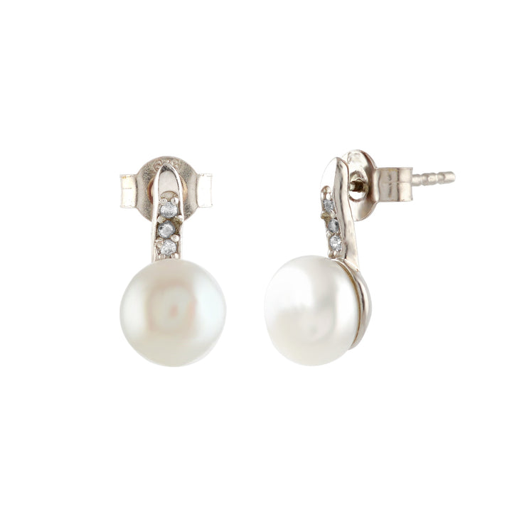 Fresh Water Button Pearl & CZ Stones Silver Earrings - Krishna Jewellers Pearls and Gems