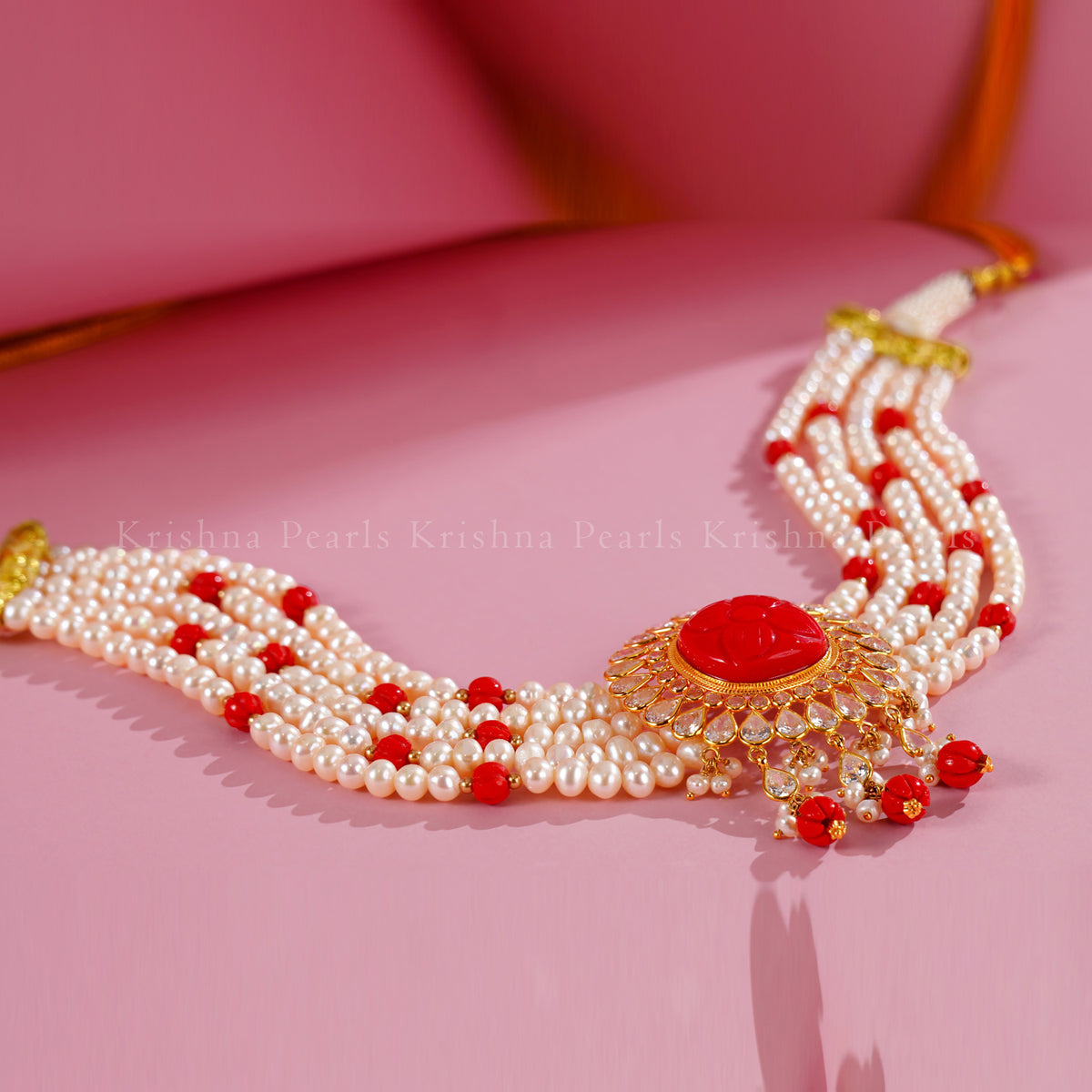 Freshwater Pearl Choker with Red Stone Pendant