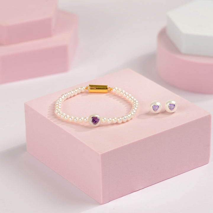 PEARL RUBY Red heart shaped Semi Precious Stone & Freshwater pearl  Bracelet & Stud Earrings Combo