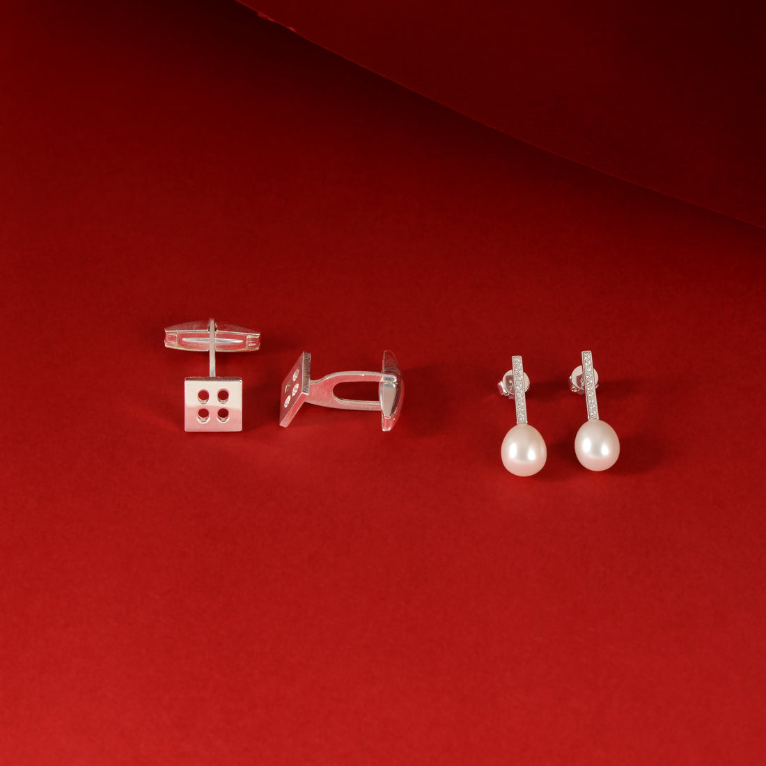 Pearl Linear Dew Gift Set Pearl Drop Earrings & Silver Square Cufflinks