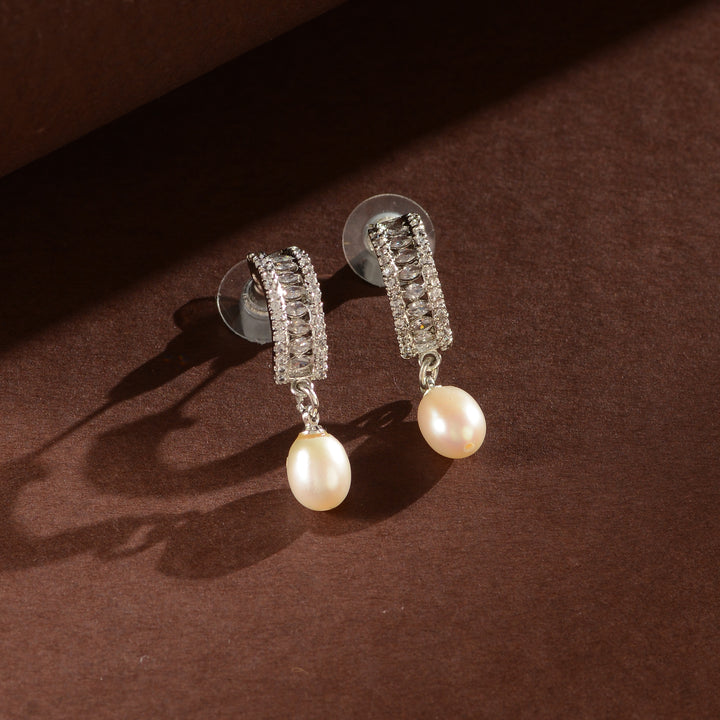 Cluster CZ Pearl Drop Earrings (Freshwater Pearl Earrings with CZ Accents in Silver)