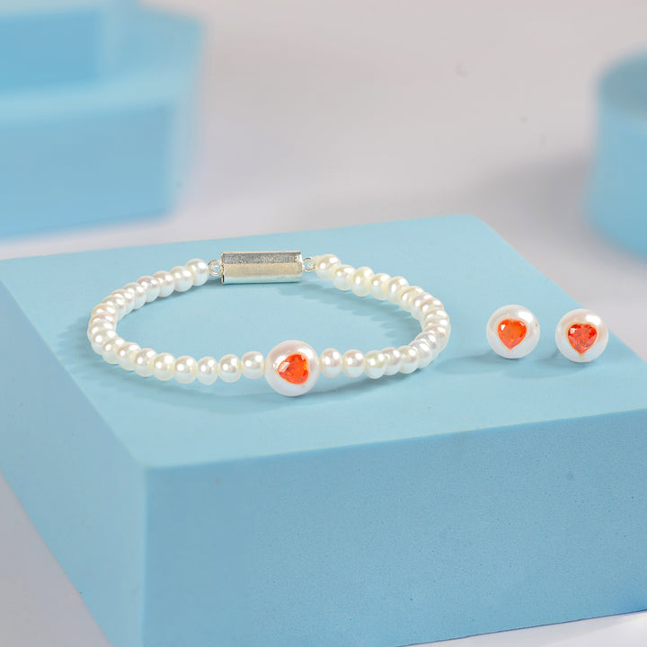 PEARL AMBER Orange Semi Precious Stone & Freshwater pearl bracelet and stud earrings combo
