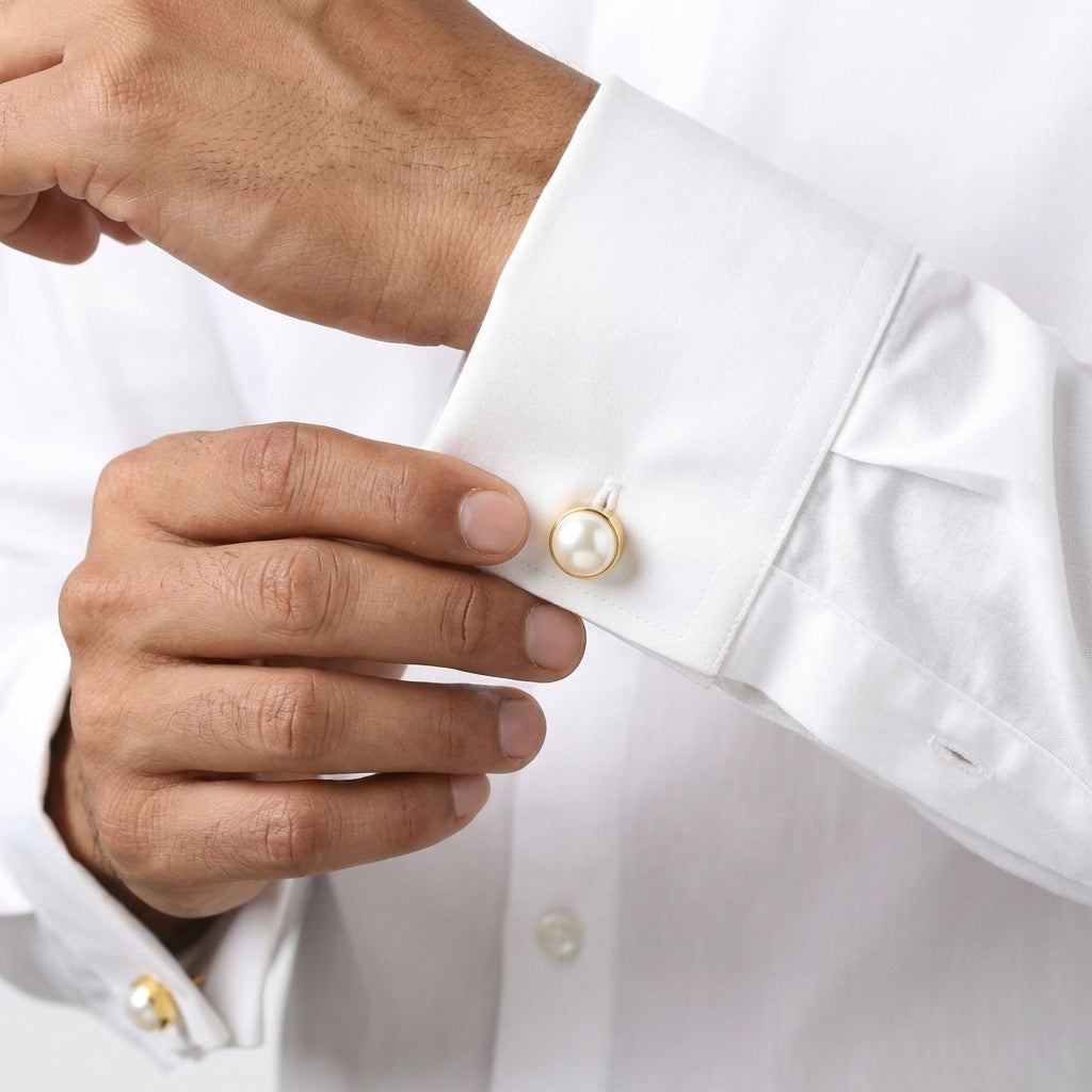 Classic Pearl Round Cufflinks & Pearl Hoop Earrings Set