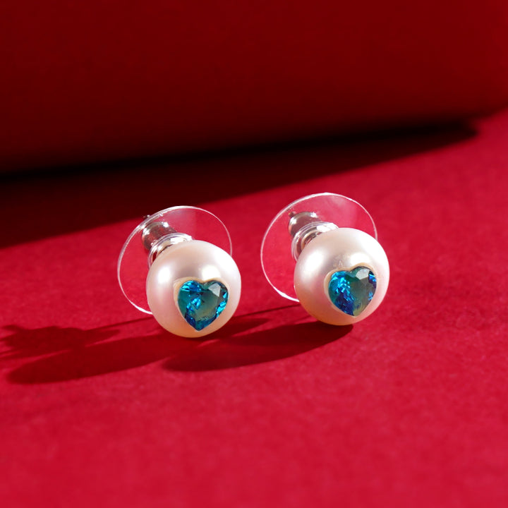 Misty Heart Pearl Studs ( Blue Heart CZ Button Pearl Stud Earrings )