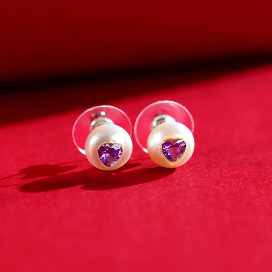 4-in-1 Heart Pearl Stud Earrings with CZ Buttons (Blue, Green, Pink & Lavender)
