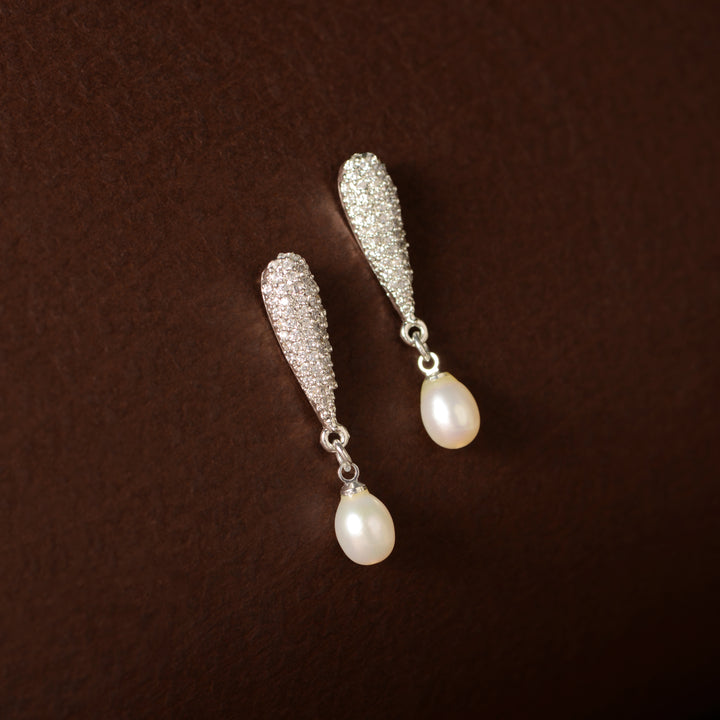CZ Cascade Pearl Drop Earrings (Freshwater Pearl & CZ Drop Earrings in Silver)