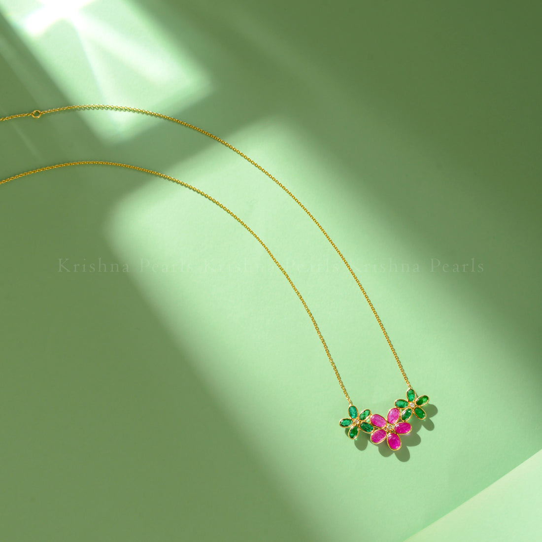 18K Gold Ruby Emerald Floral Chain